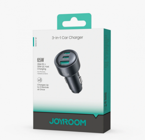 Automobilinis įkroviklis 12-24V 2xUSB C + USB 65W juodas Joyroom JR-CCN19